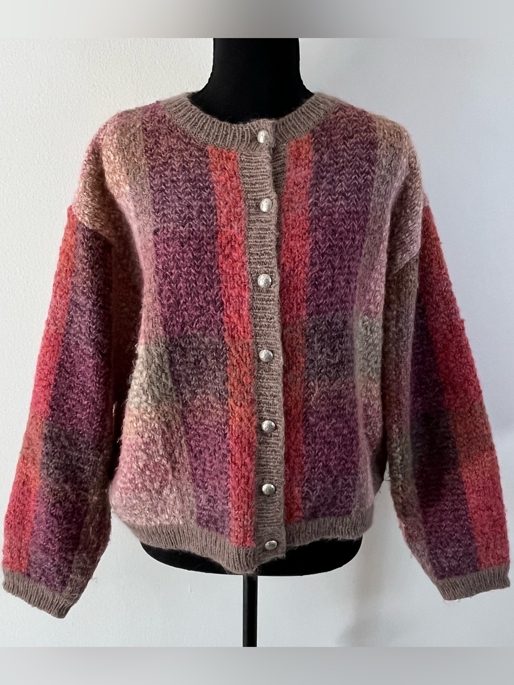 Vintage Cristopher & Banks Cozy Taupe Pink Color Block Wool Blend Cardigan L